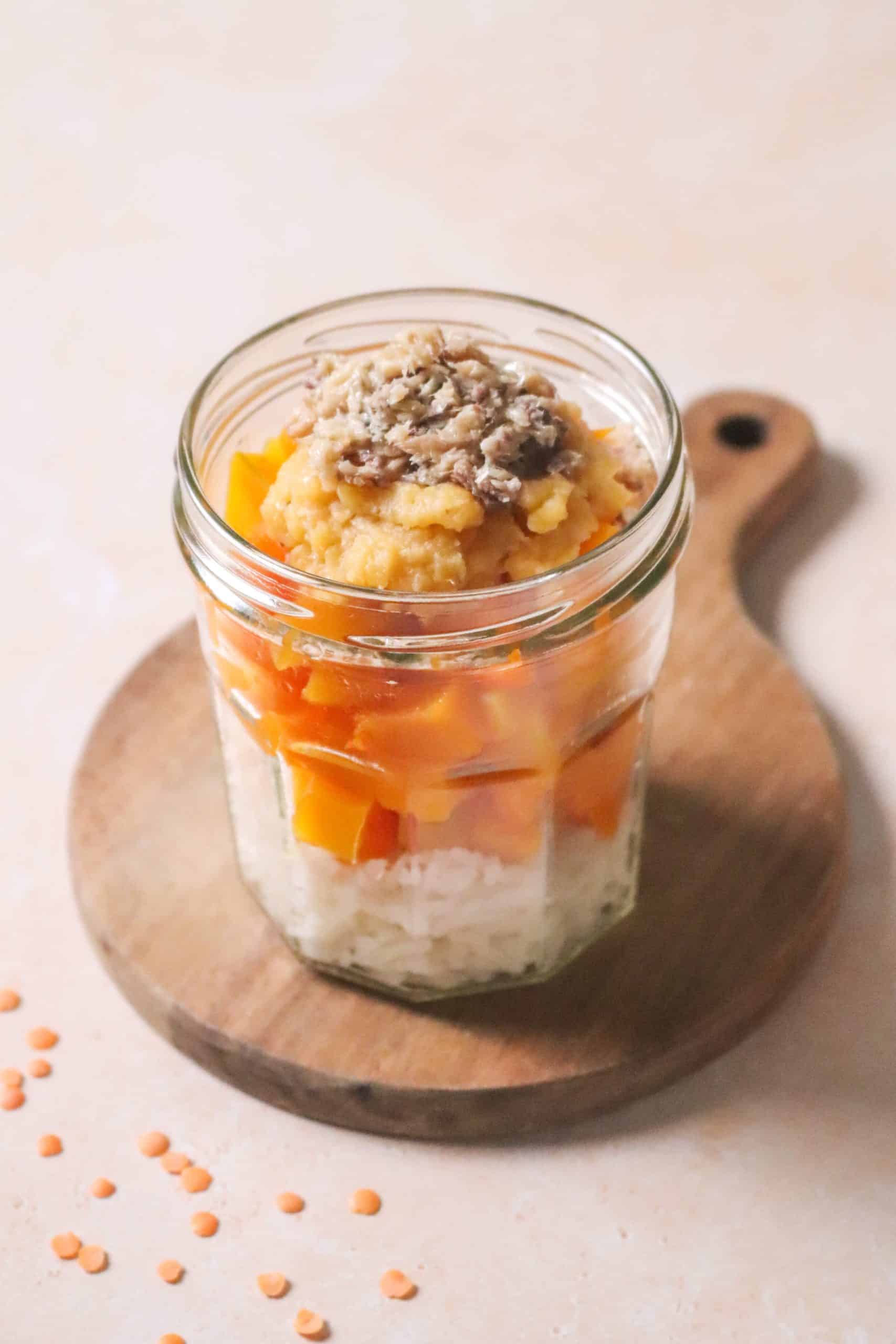 Riz, butternut, purée de lentilles corail et sardines