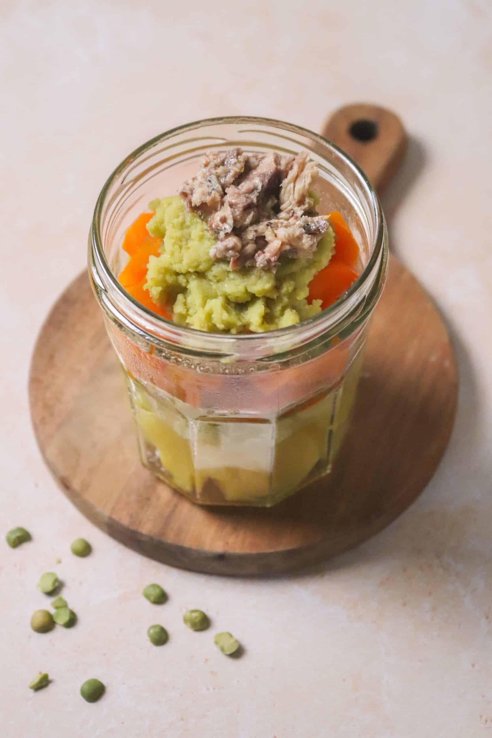 Légumes vapeur et purée de pois cassés aux sardines