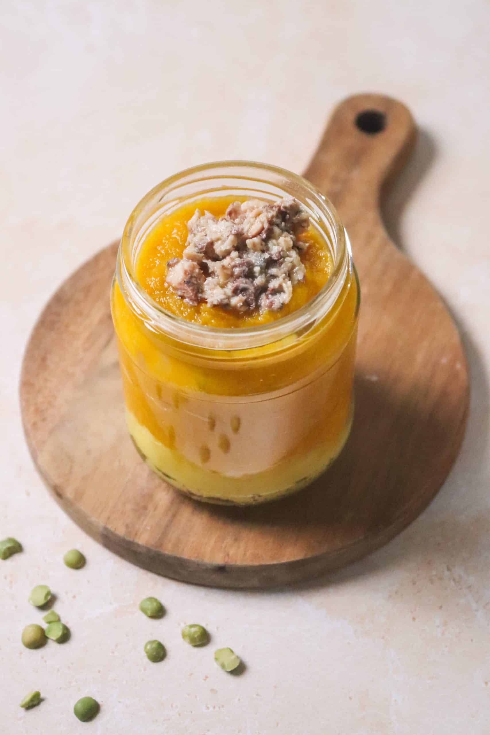 Purée de carottes et poireaux aux pois cassés, sardines