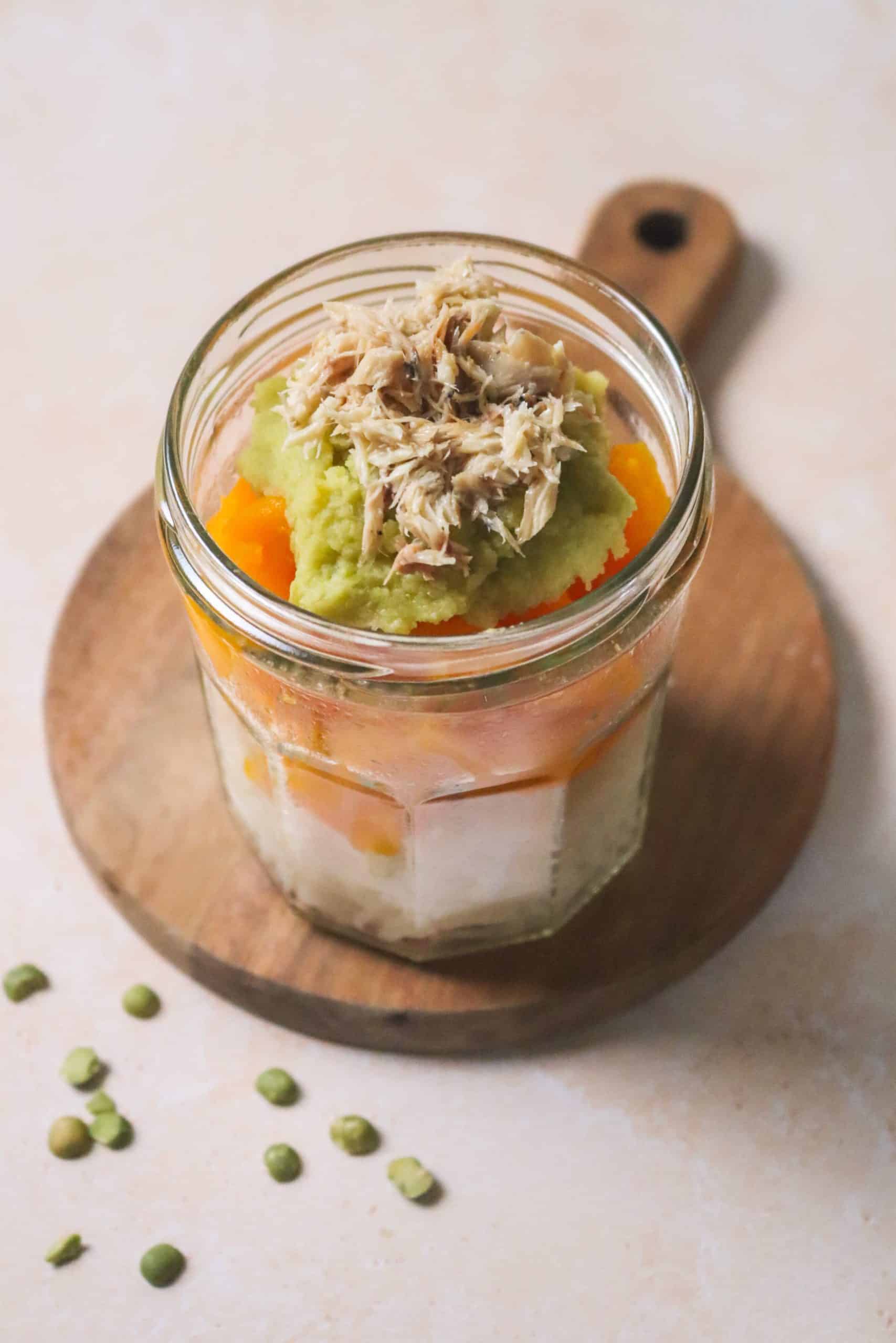 Riz au butternut, pois cassés et maquereaux