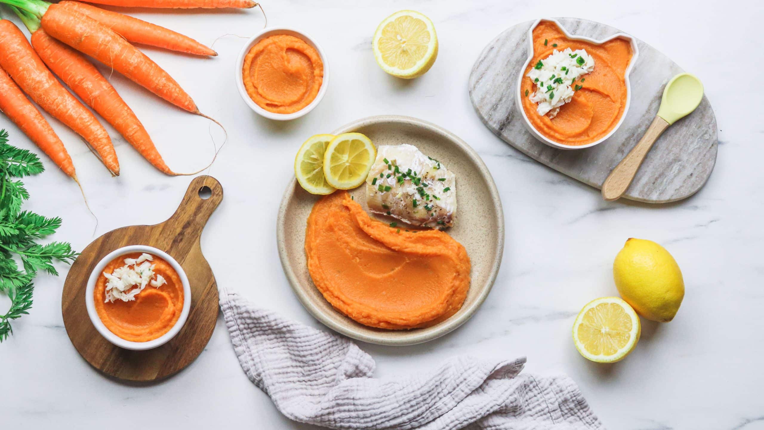 Poisson en papillote et purée de patate douce, carottes et pommes de