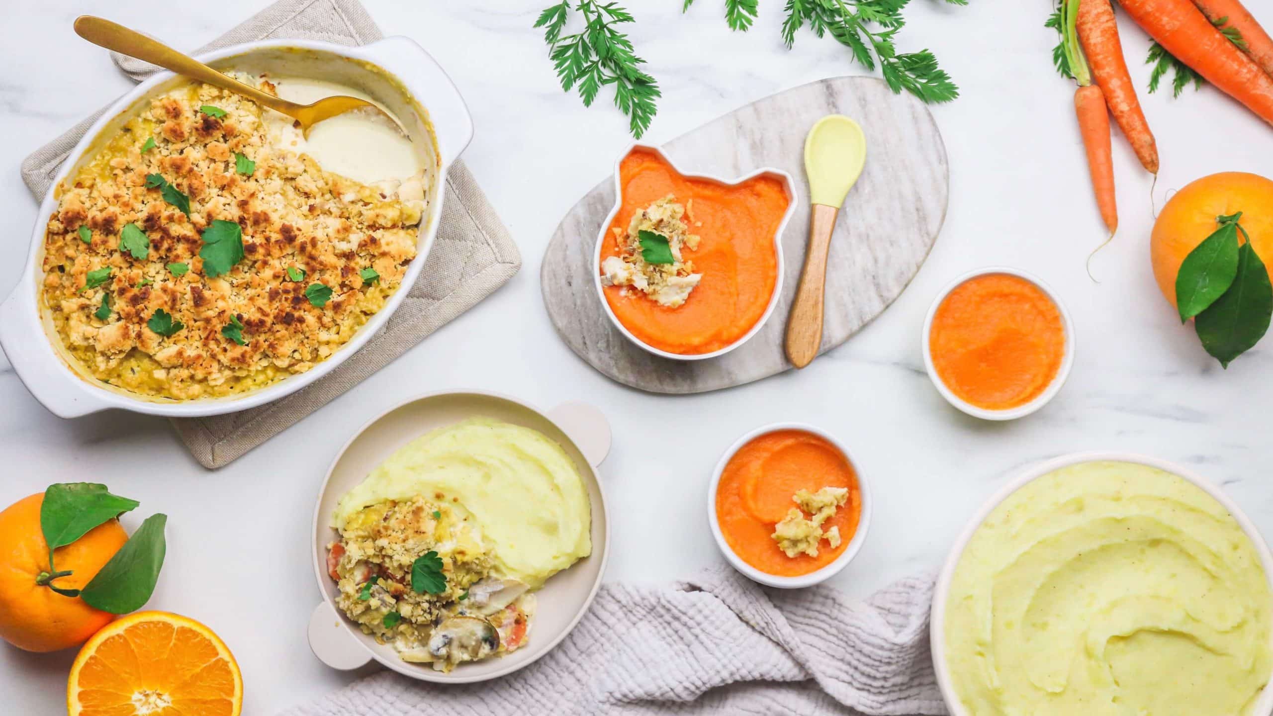 Crumble de lieu aux champignons et carottes et sa purée de pommes de