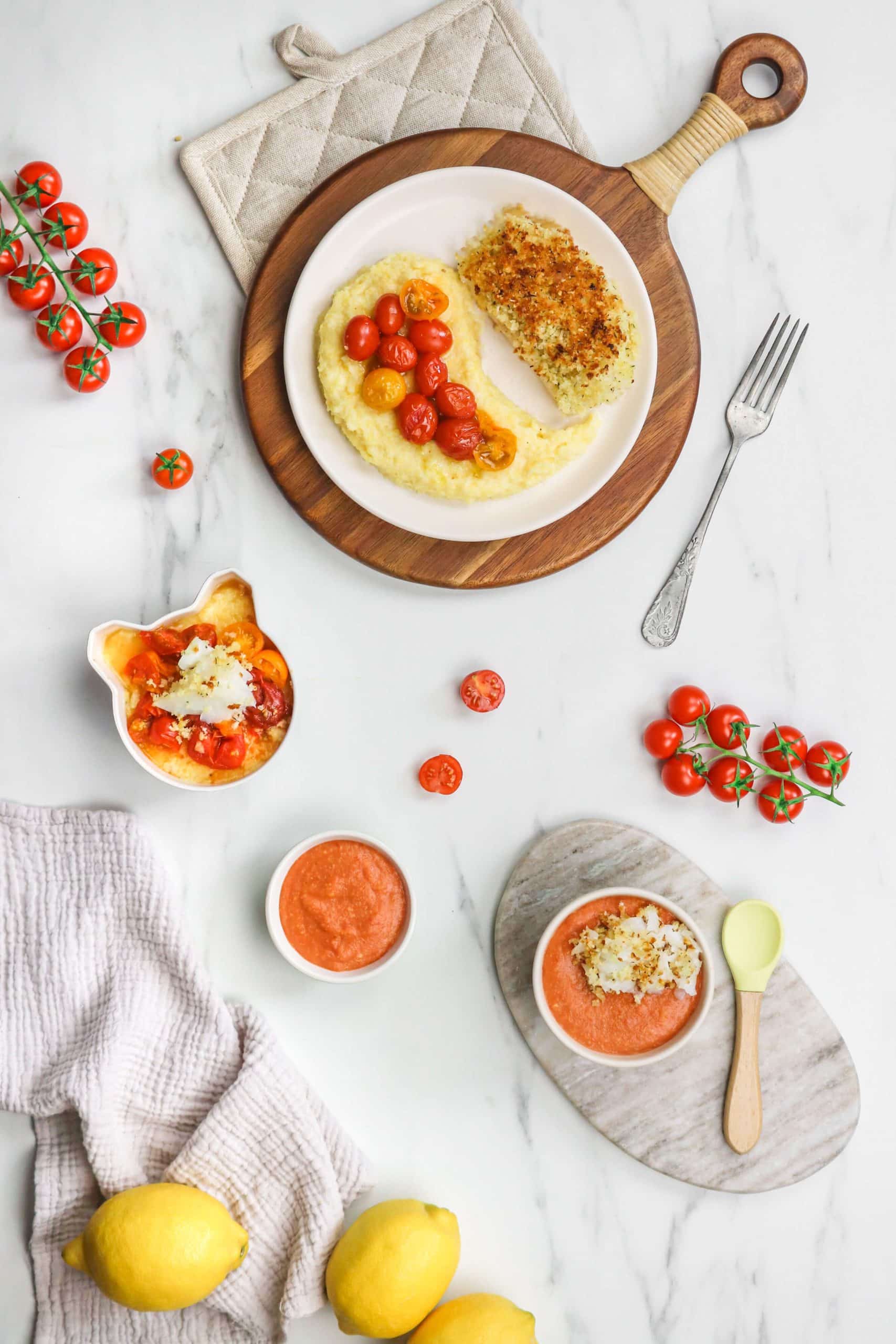 Cabillaud en croûte de parmesan, polenta et tomates rôties
