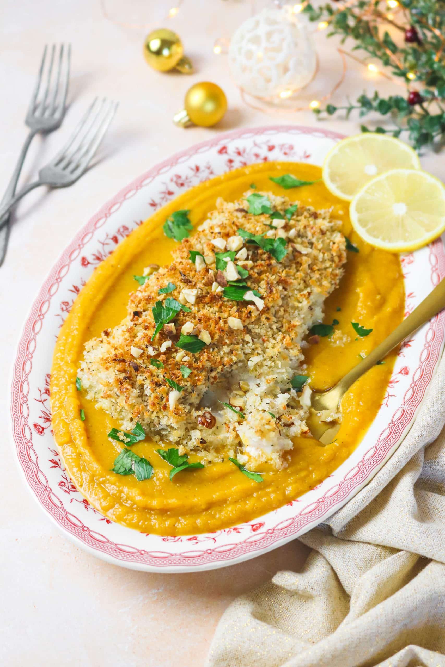 Cabillaud croustillant aux noisettes et sa purée de butternut aux épices