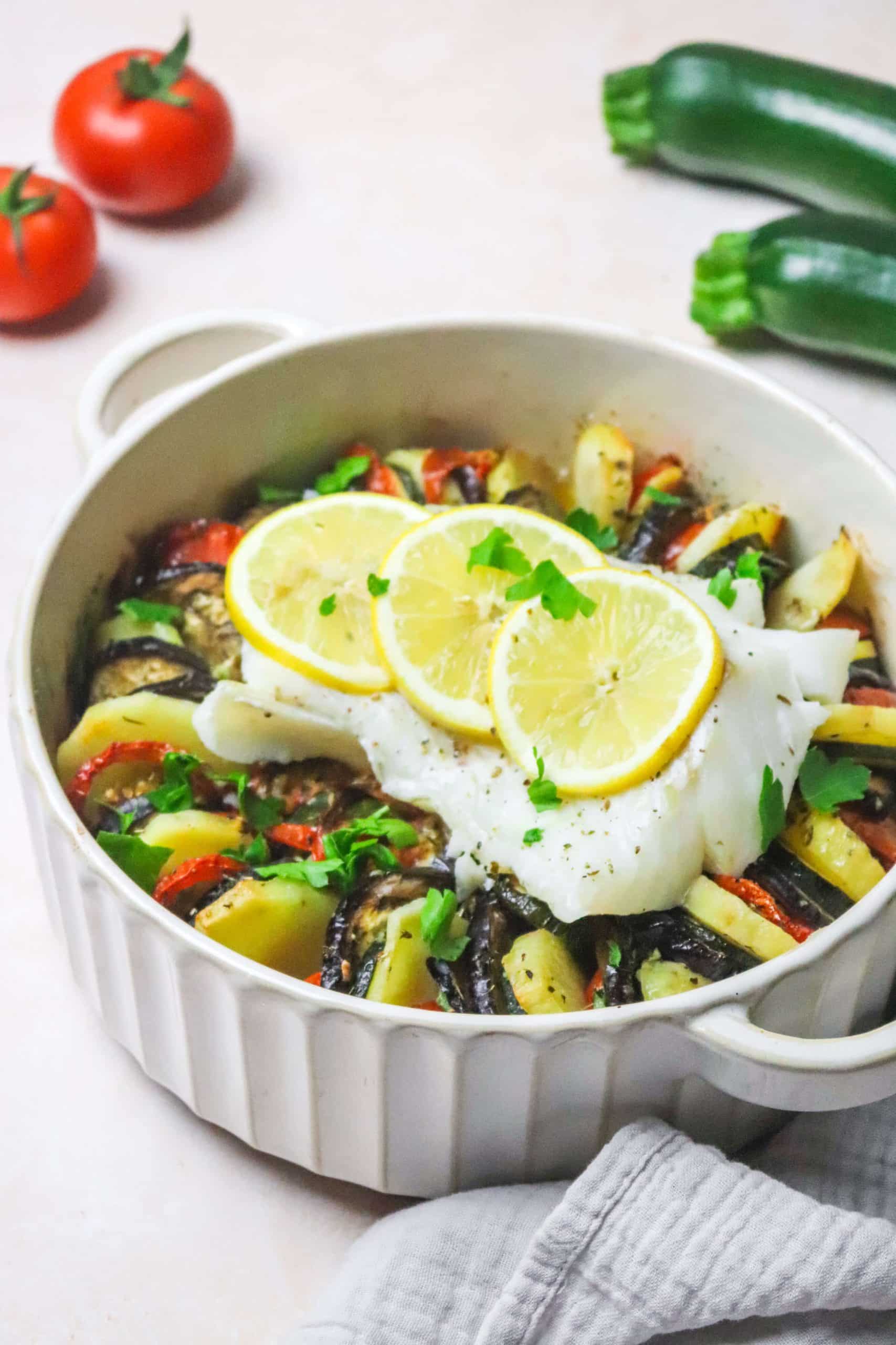 Tian de légumes et poisson blanc citronné
