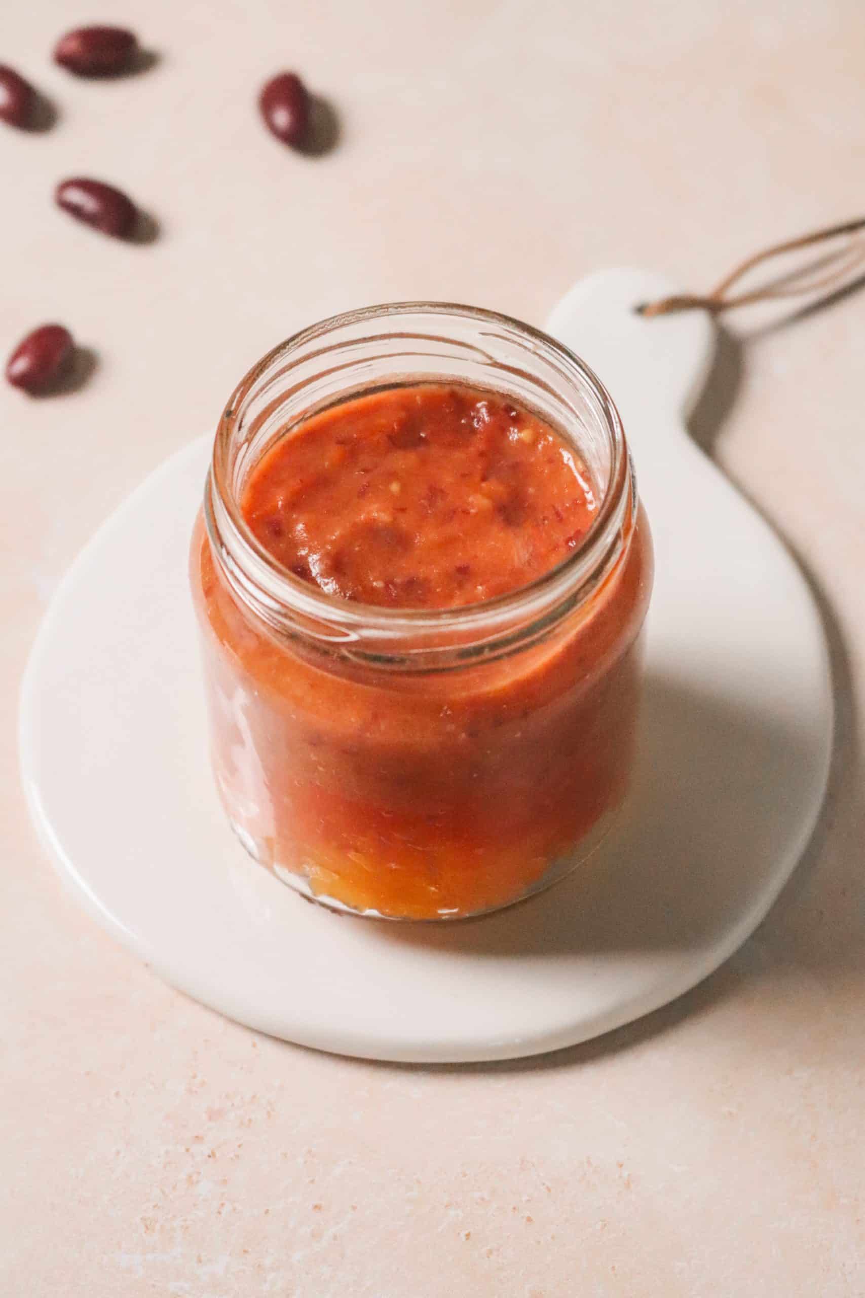 Écrasé de patate douce, purée de poivrons aux haricots rouges