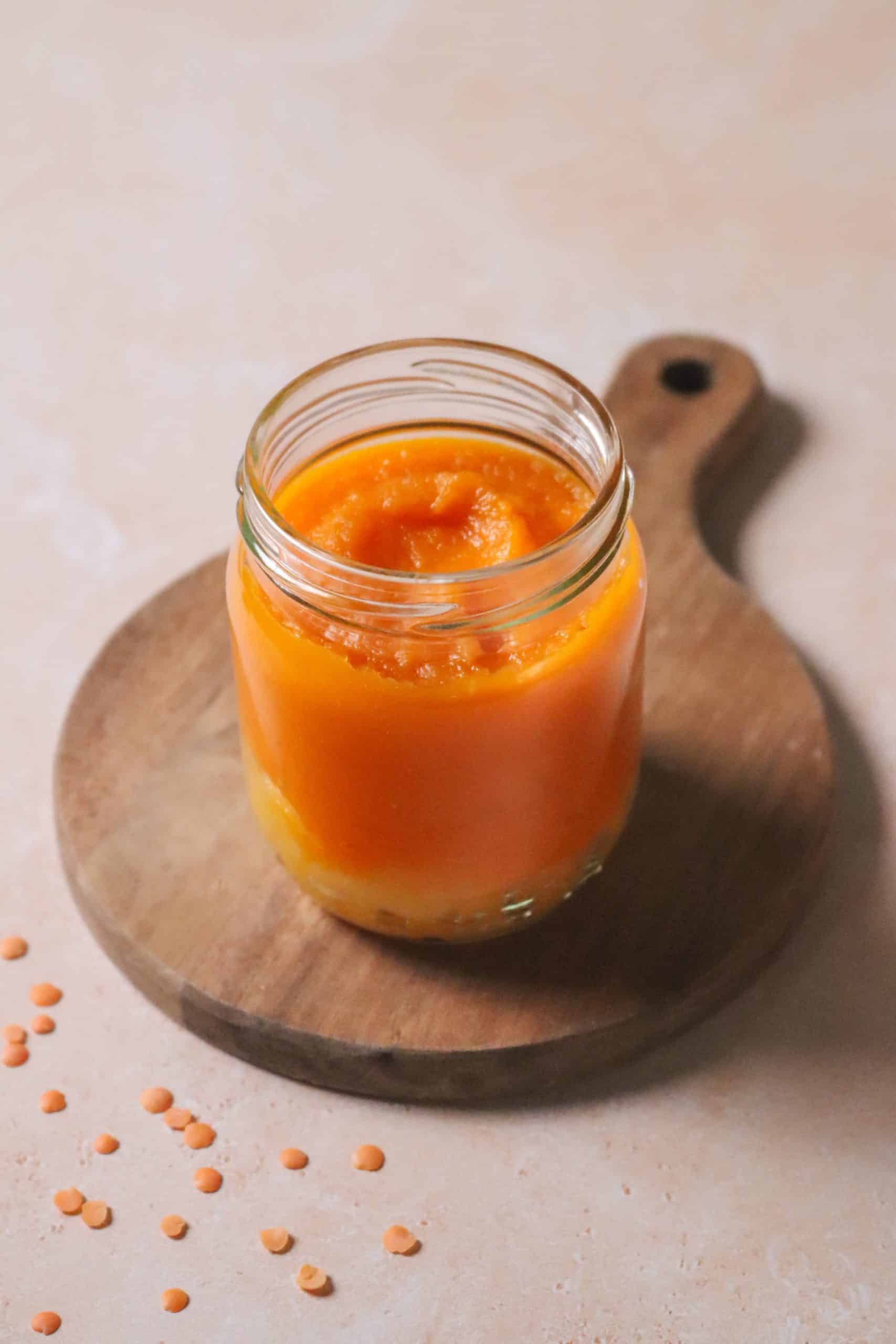 Écrasé de pommes de terre et sa purée de carottes aux lentilles corail