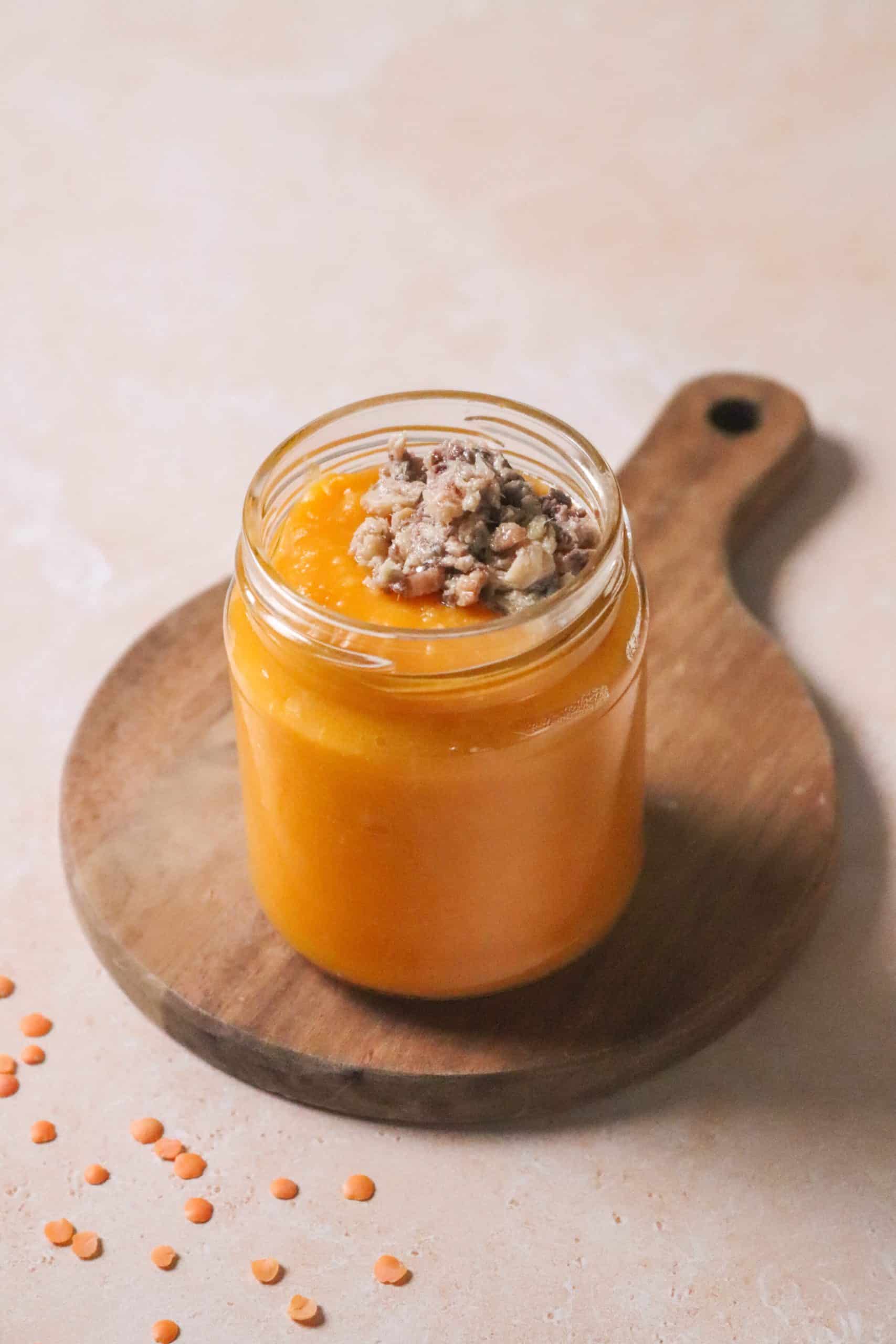 Purée de butternut, riz, lentilles corail et sardines
