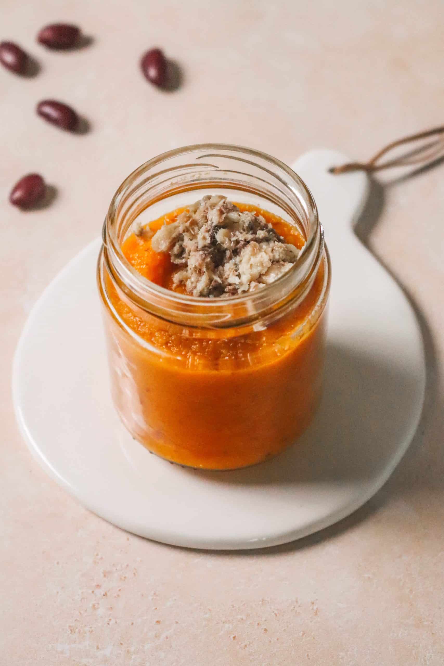 Purée de carottes au riz et haricots rouges, sardines