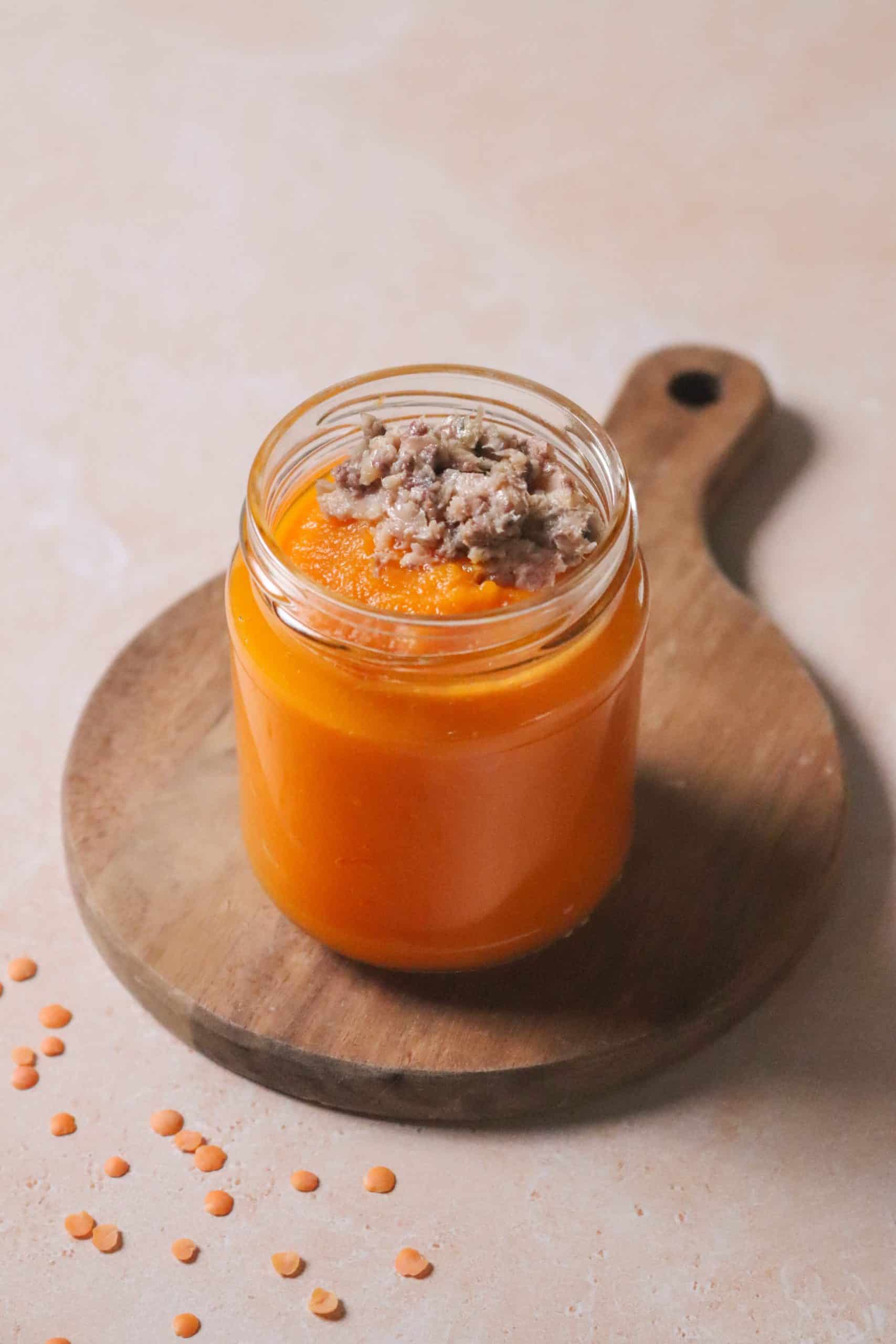 Purée de carottes, pommes de terre, lentilles corail et sardines