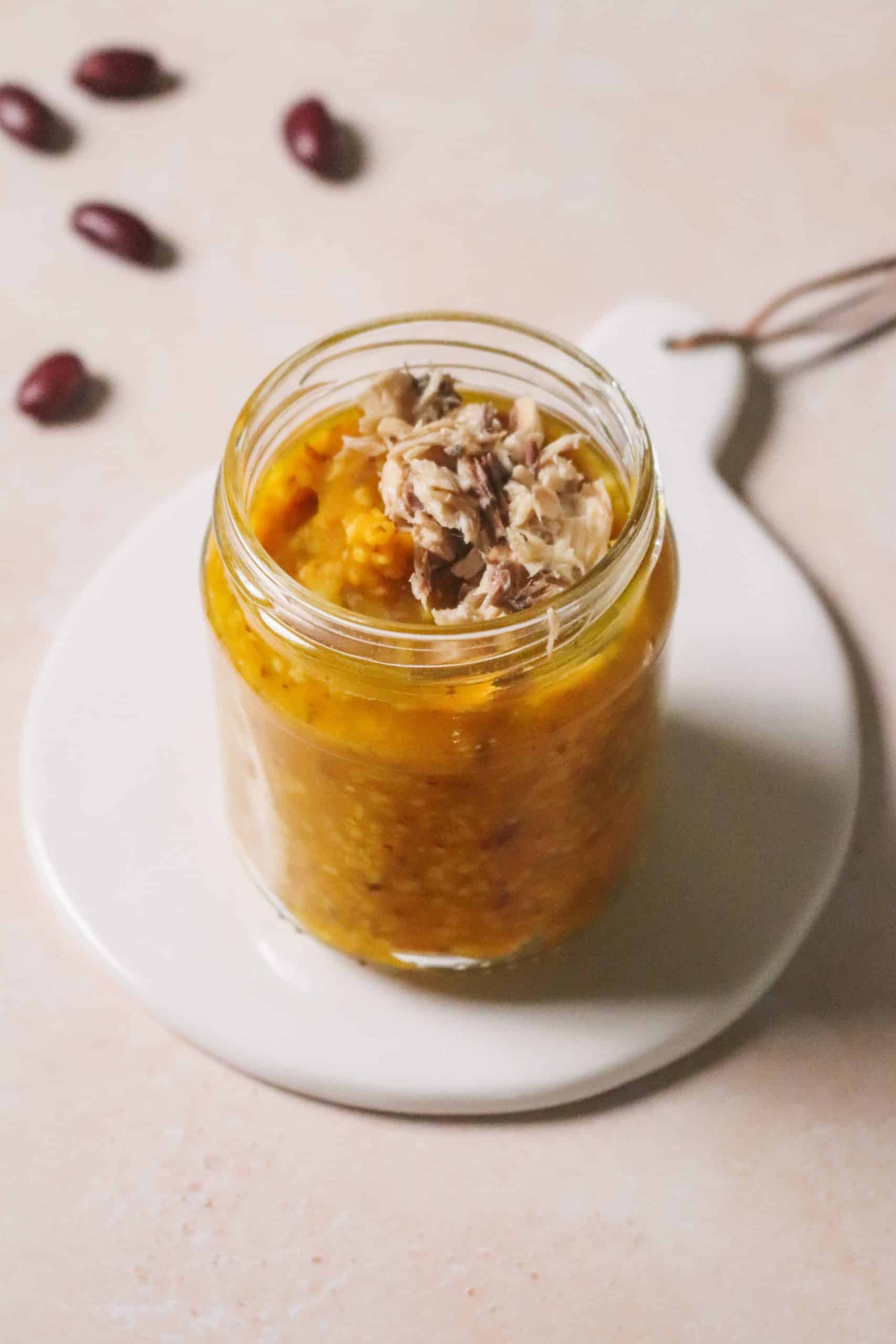 Purée de potimarron aux haricots rouges, semoule et maquereaux