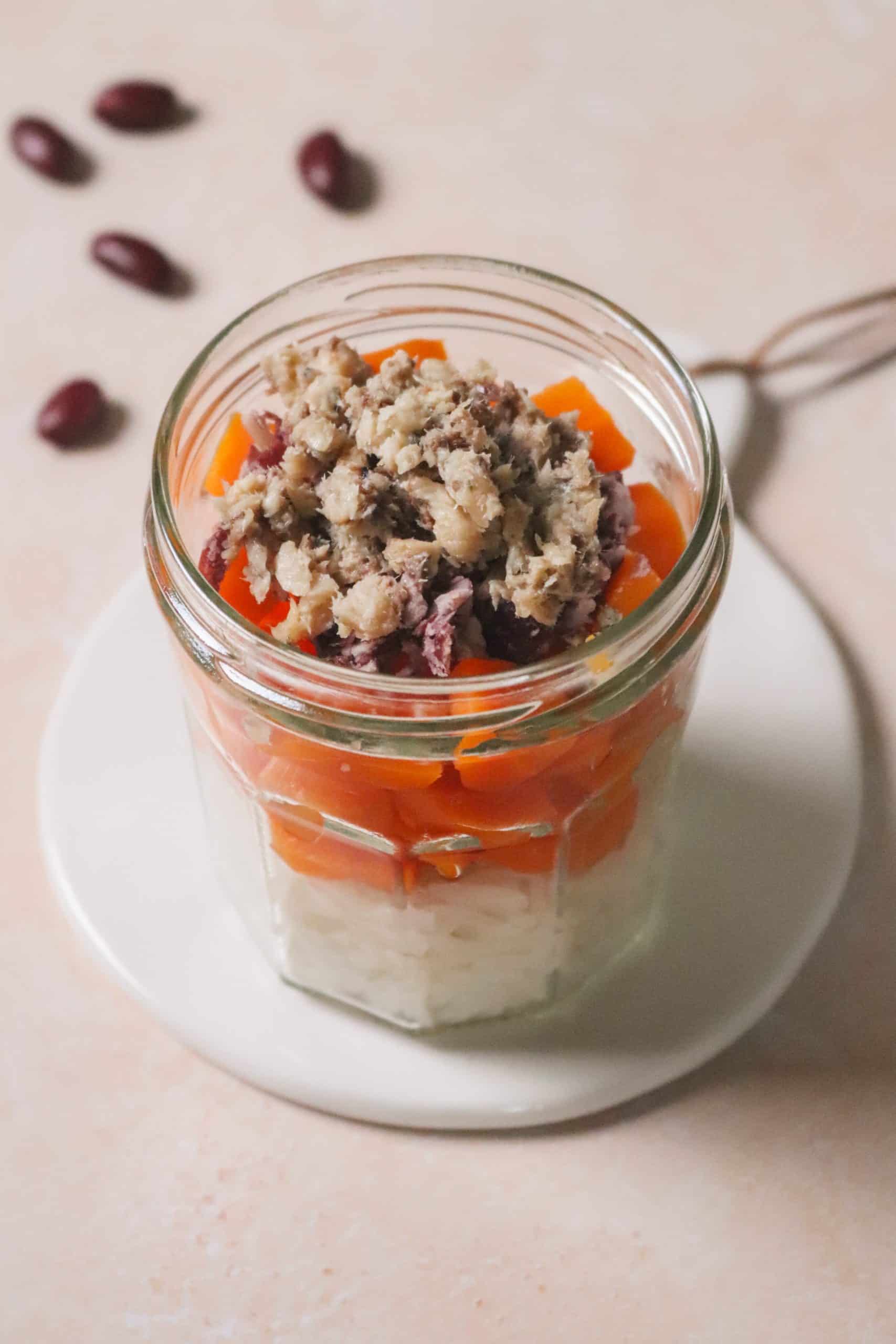 Riz aux carottes, haricots rouges et sardines