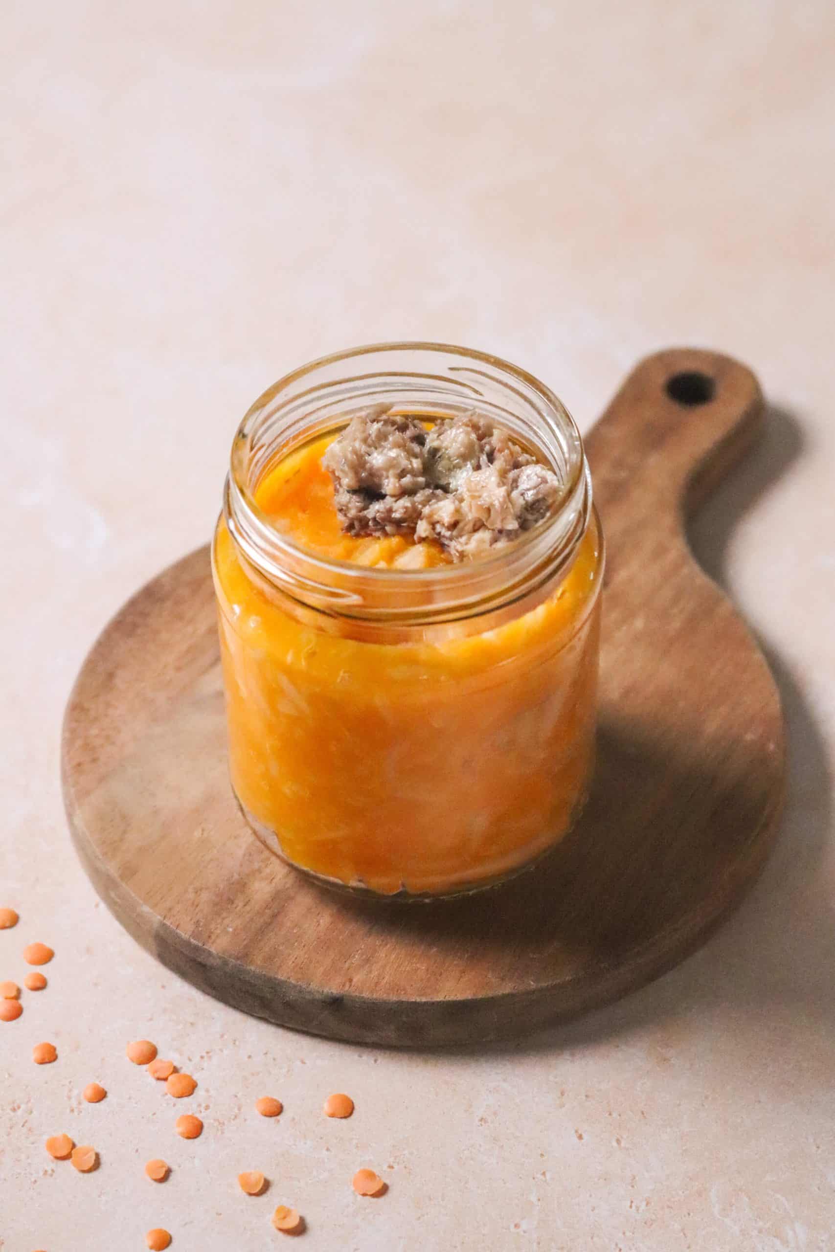 Riz, purée de butternut aux lentilles corail et sardines
