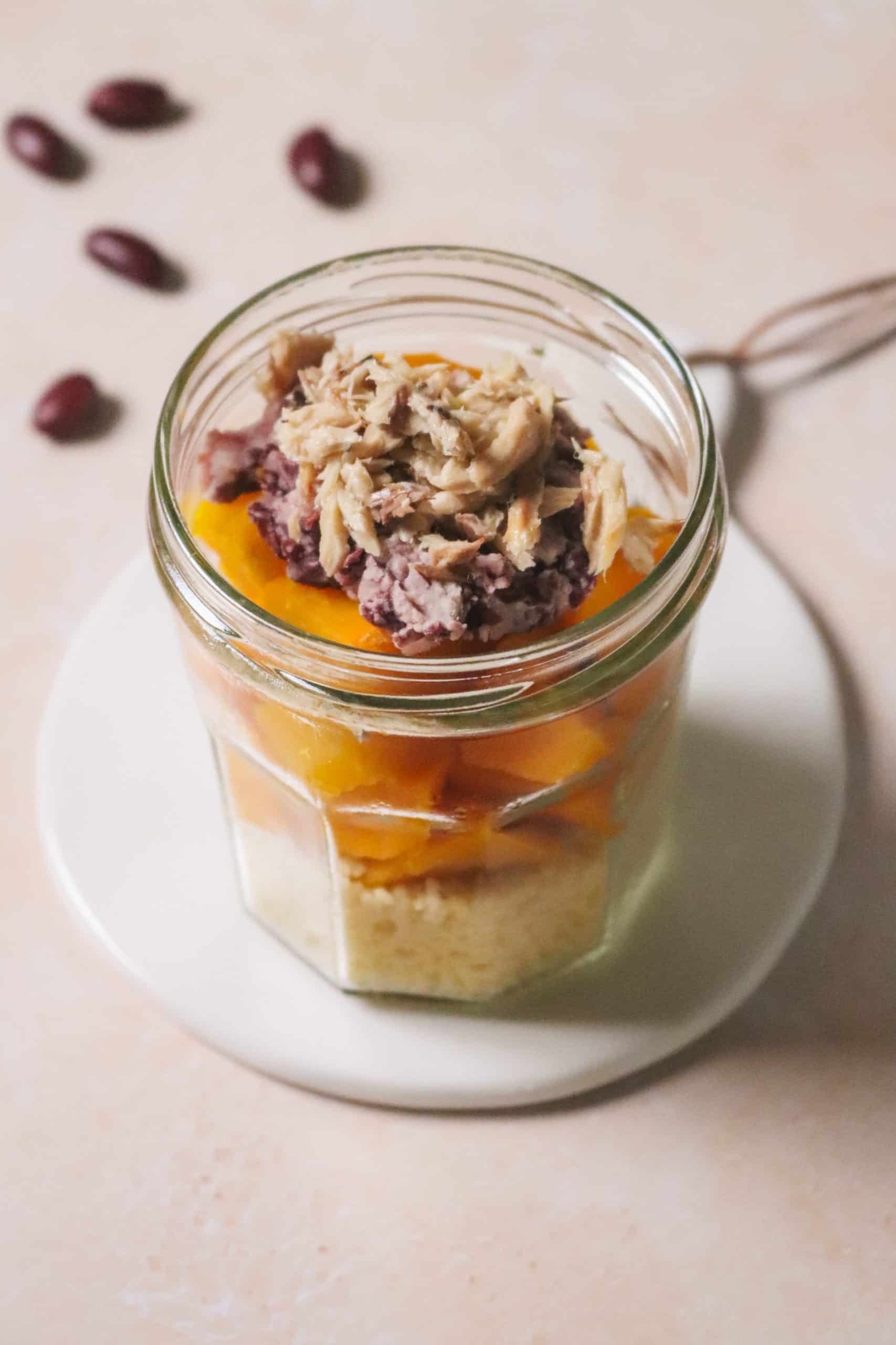 Semoule au potimarron, haricots rouges et maquereaux