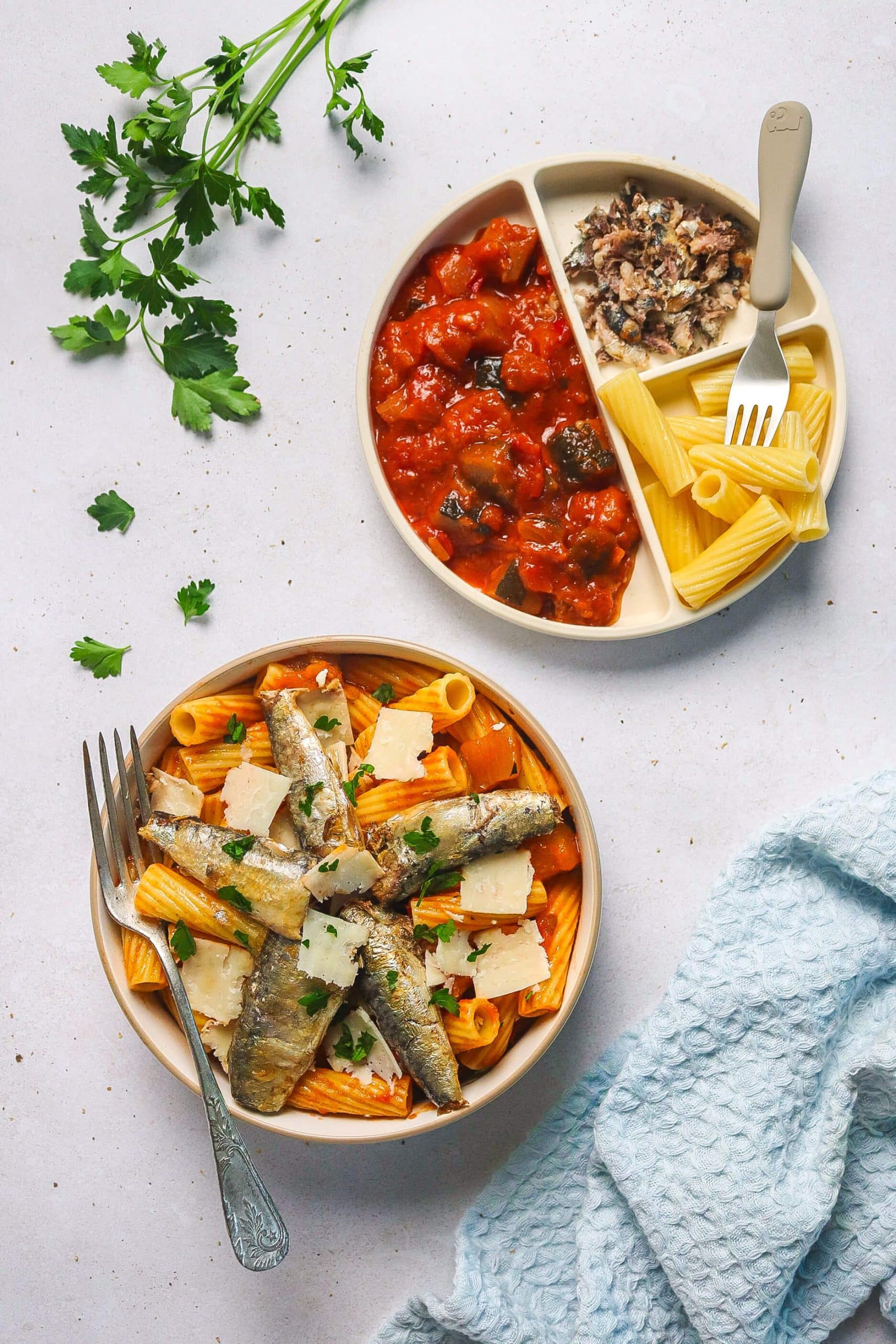 Pâtes, sardines et ratatouille