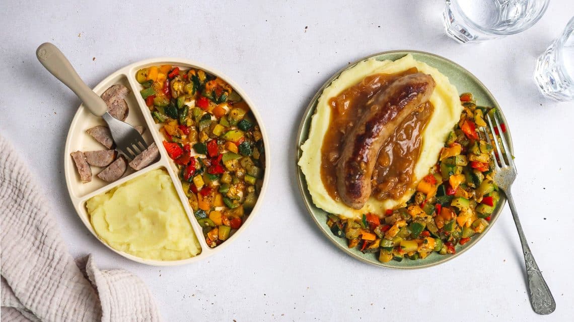 Saucisses purée et poêlée de légumes H
