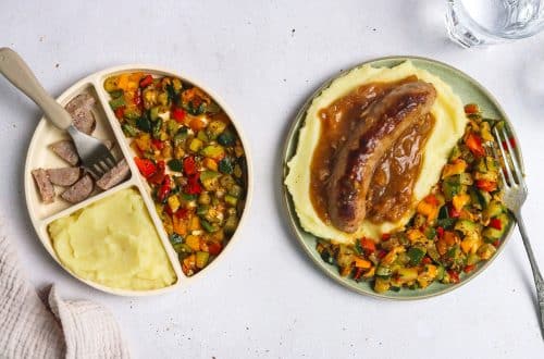 Saucisses purée et poêlée de légumes H