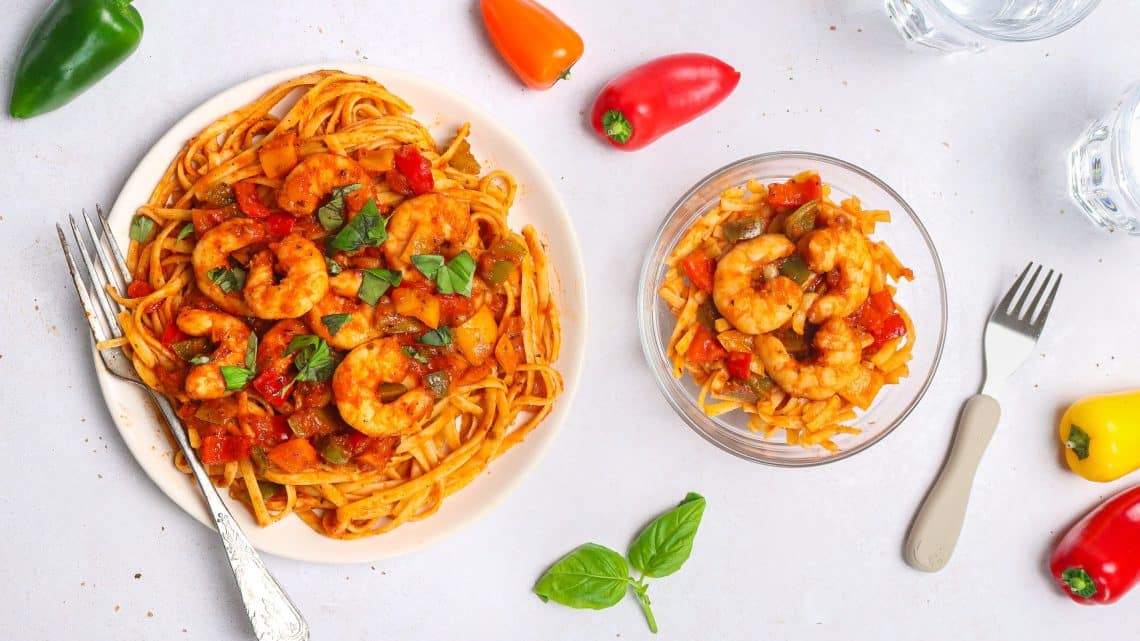 Pâtes tomates poivrons et crevettes grillées H