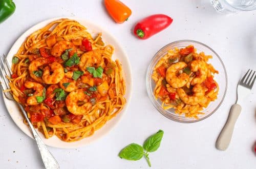 Pâtes tomates poivrons et crevettes grillées H
