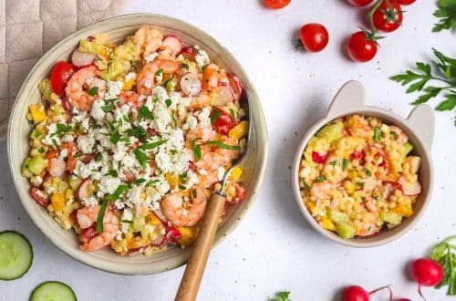 Salade de pâtes aux crudités, mangue et crevettes H copie